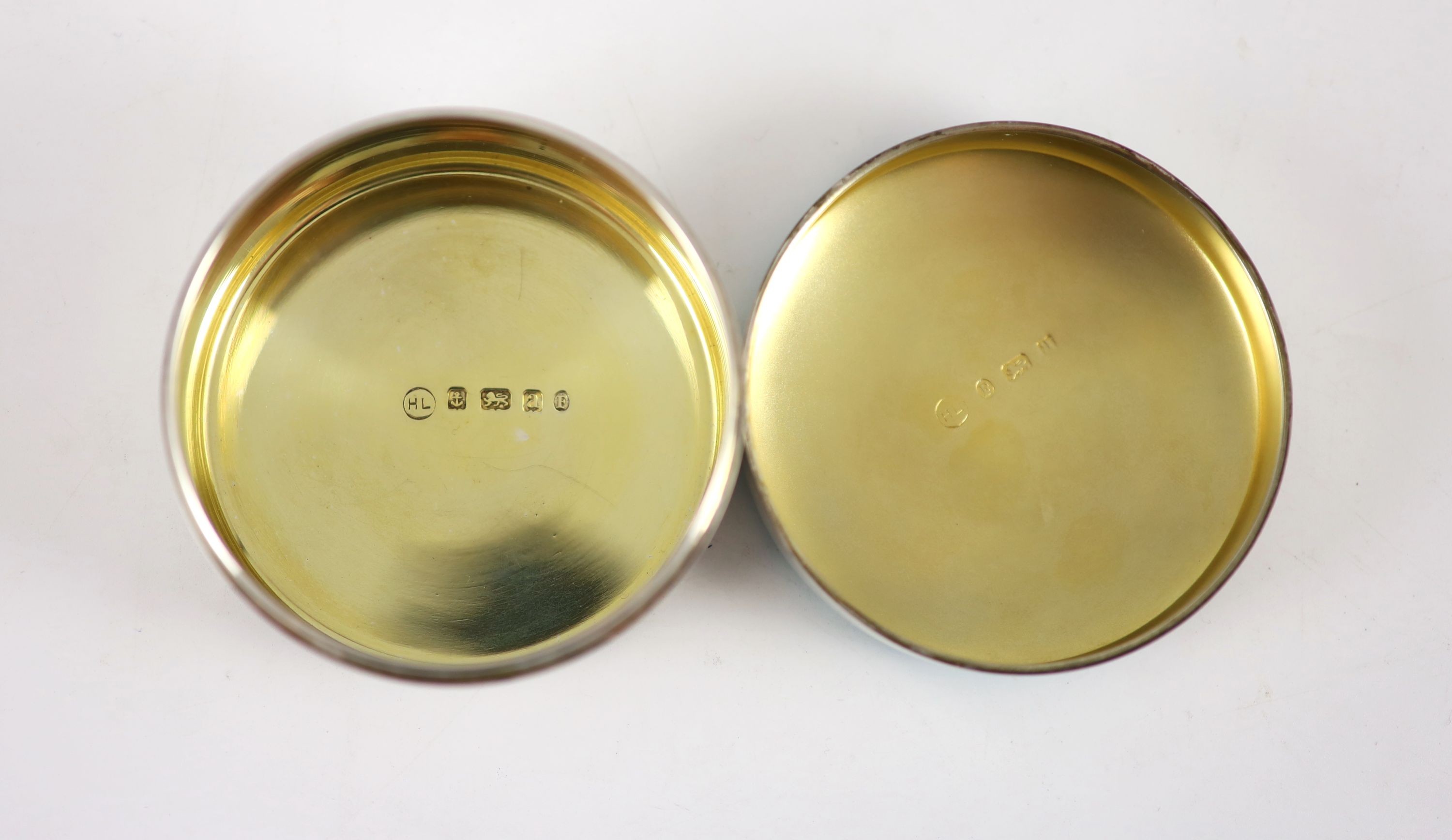 A late Victorian silver and guilloche enamel circular box and cover, import marks for Heinrich Levinger, Birmingham, 1900